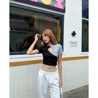 Áo croptop nữ tay ngắn TOPTIFY phối màu, vải cotton gân mát mẻ TAC135