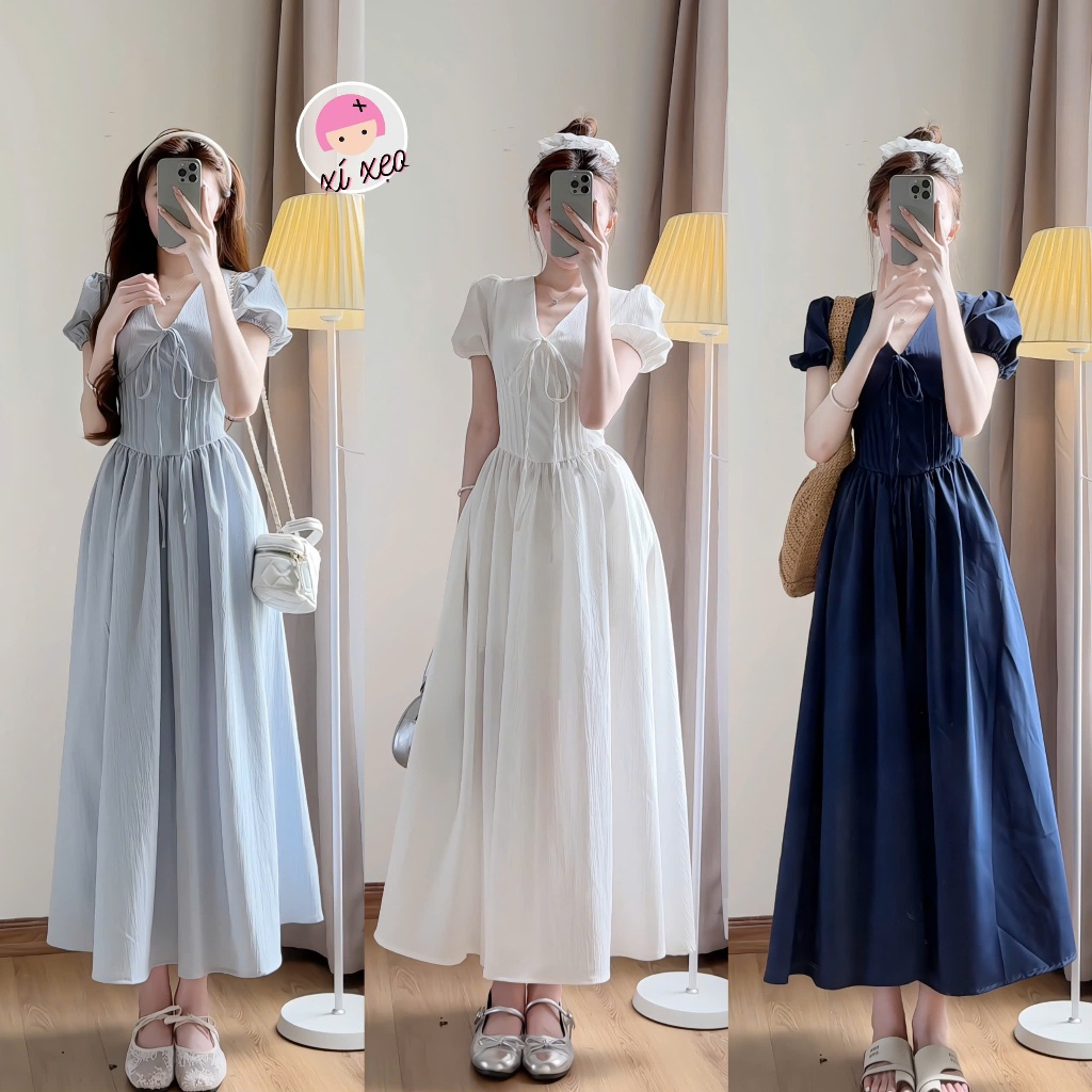 Váy cổ V dáng dài tay phồng phong cách tiểu thư hàn quốc  xixeoshop-V99 | BigBuy360 - bigbuy360.vn