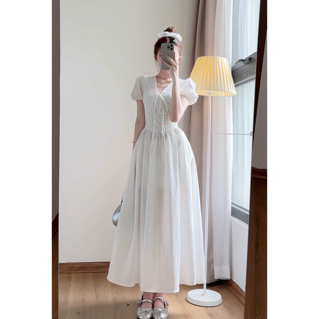 Váy cổ V dáng dài tay phồng phong cách tiểu thư hàn quốc  xixeoshop-V99 | BigBuy360 - bigbuy360.vn