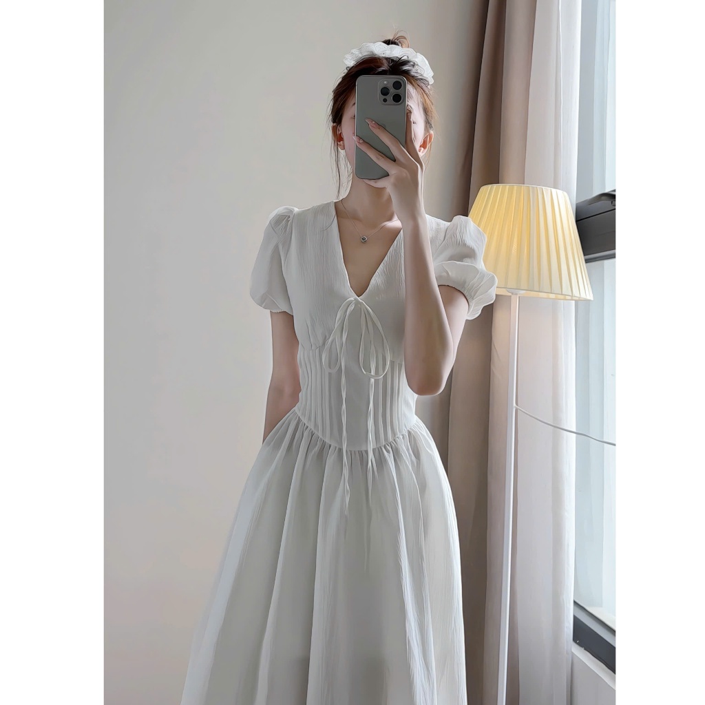 Váy cổ V dáng dài tay phồng phong cách tiểu thư hàn quốc  xixeoshop-V99 | BigBuy360 - bigbuy360.vn