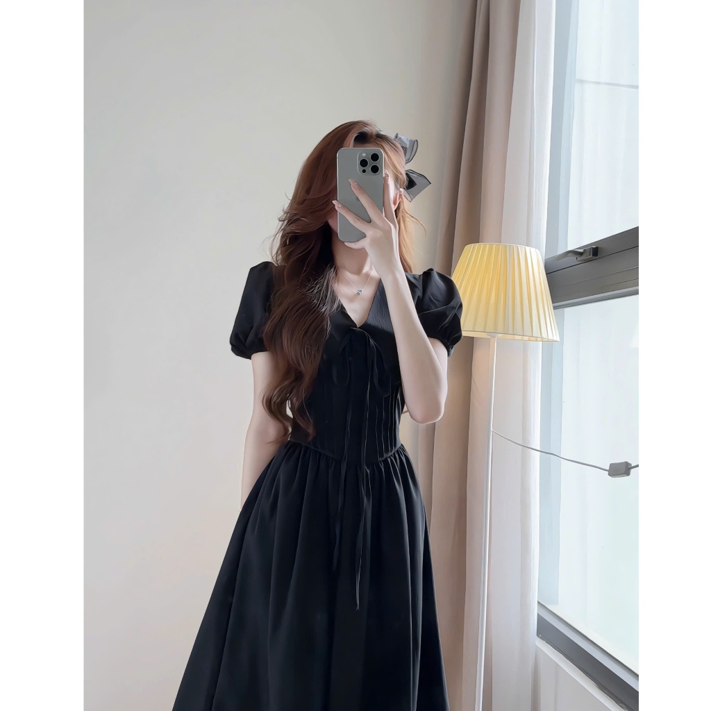 Váy cổ V dáng dài tay phồng phong cách tiểu thư hàn quốc  xixeoshop-V99 | BigBuy360 - bigbuy360.vn