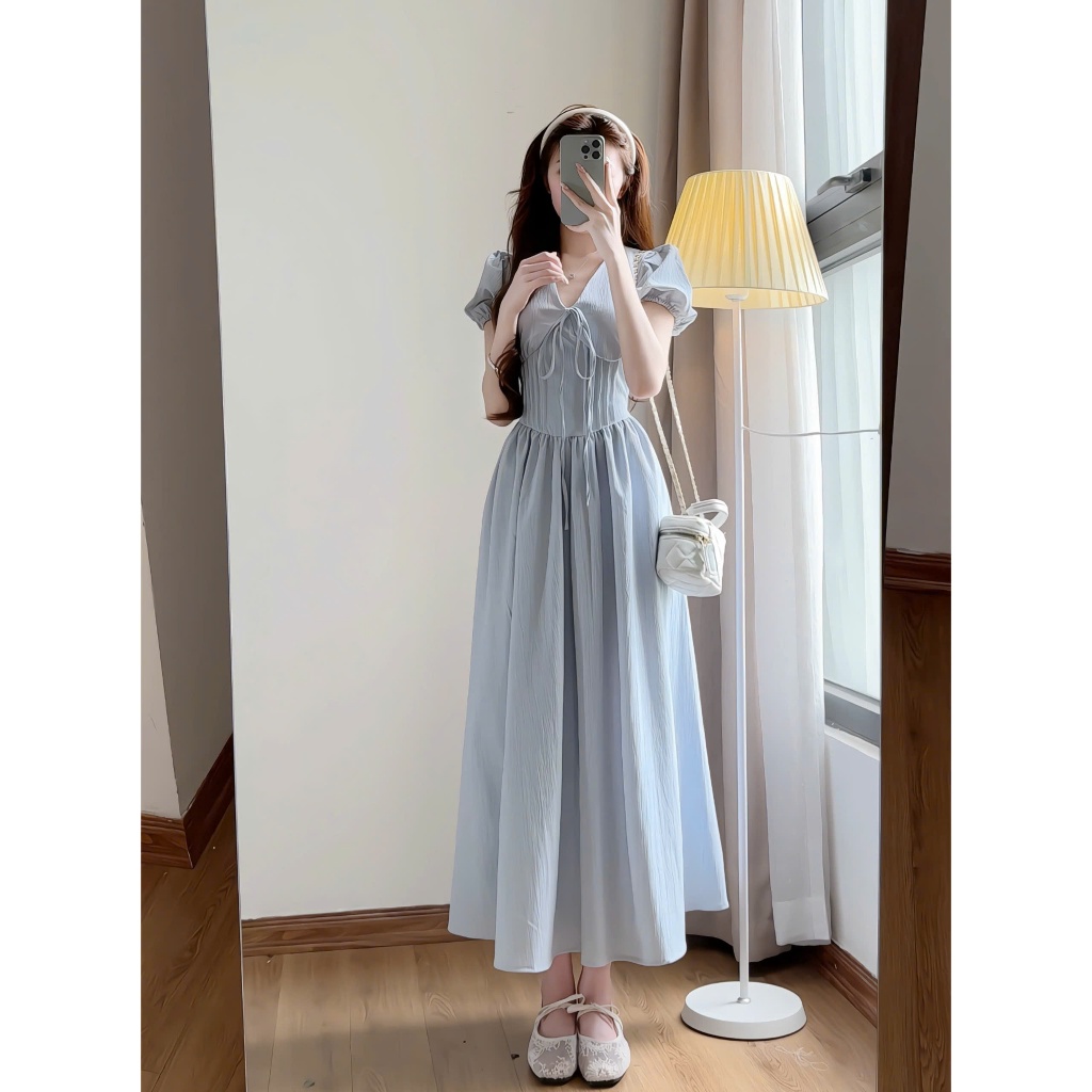 Váy cổ V dáng dài tay phồng phong cách tiểu thư hàn quốc  xixeoshop-V99 | BigBuy360 - bigbuy360.vn