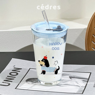  Cốc thuỷ tinh DIY hình cún đáng yêu trong suốt chịu nhiệt có nắp xanh có ống hút uống nước cafe văn phòng Cedres 