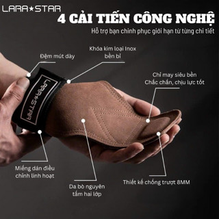 Găng Tay Tập Gym Kèm Lifting Straps Lara Star LS0776, Da Bò 2 Lớp Khóa Kim Loại Thiết Kế Chống Trượt