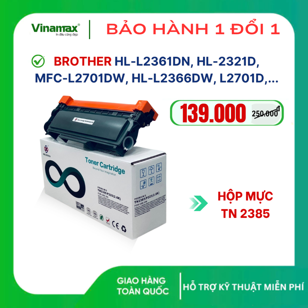 [TN 2385] Hộp mực máy in Brother HL-L2321D/ 2361DN/ 2366DW/ L2701D/ 2701DW, đã có sẵn mực, in sắc né