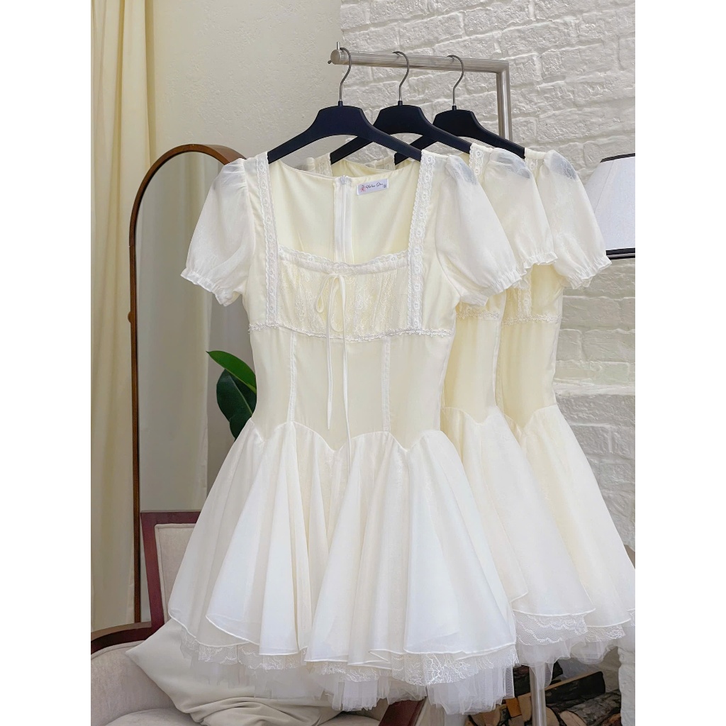 Đầm xoè bồng cổ vuông phối ren nhiều lớp HH105 HaLuu Store phong cách tiểu thư | BigBuy360 - bigbuy360.vn