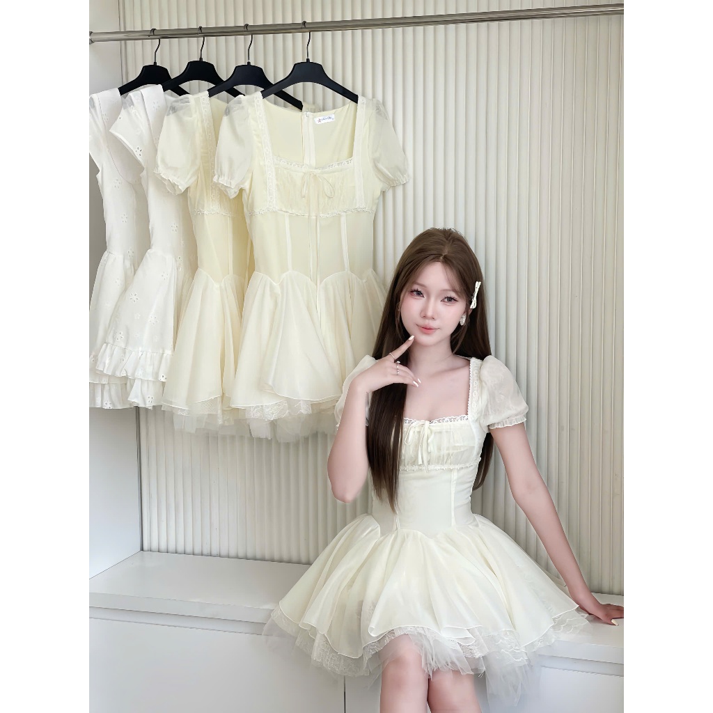 Đầm xoè bồng cổ vuông phối ren nhiều lớp HH105 HaLuu Store phong cách tiểu thư | BigBuy360 - bigbuy360.vn