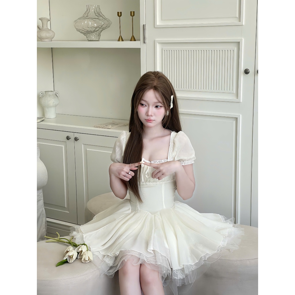 Đầm xoè bồng cổ vuông phối ren nhiều lớp HH105 HaLuu Store phong cách tiểu thư | BigBuy360 - bigbuy360.vn