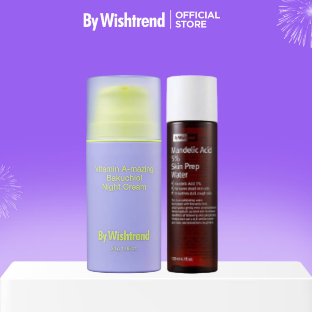 Combo Kem dưỡng hỗ trợ chống lão hóa BAKUCHIOL + Nước hoa hồng By Wishtrend Mandelic Acid 5% Skin Pr