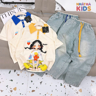 Bộ bé gái gồm áo POLO và quần Jean baggy T12, T16 size đại từ 20-55kg Nhật Hà Kids form thoải mái cho bé đi chơi,đi học.
