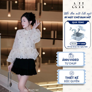  Áo thiết kế áo voan cổ tàu mỏng hoạ tiết nơ 2 màu tiểu thư sang chảnh dáng xòe bay bổng AN HY AH301 