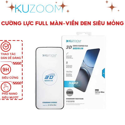 Kính Cường Lực 3D Curved Chính Hãng KUZOOM Viền Mỏng Không Lẹm Dùng Cho Iphone 15 Promax-16 Promax