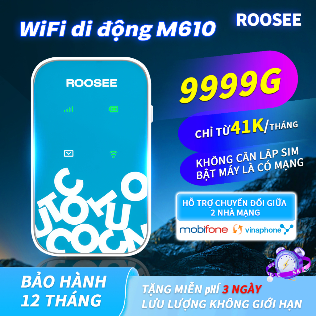 Bộ phát wifi 4G di động ROOSEE M610 ,Mifi di động ,không cần sim, wifi 4G, cộng nghệ ESIM, gói tiết 