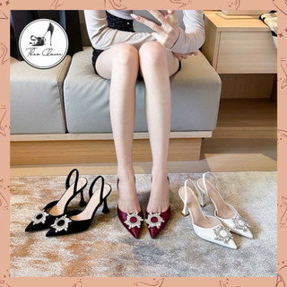  Giày sandal cao gót mũi nhọn da lụa satin 9CM đính hoa đá mặt trời sang đẹp-THAO CLOVER-7199-8 