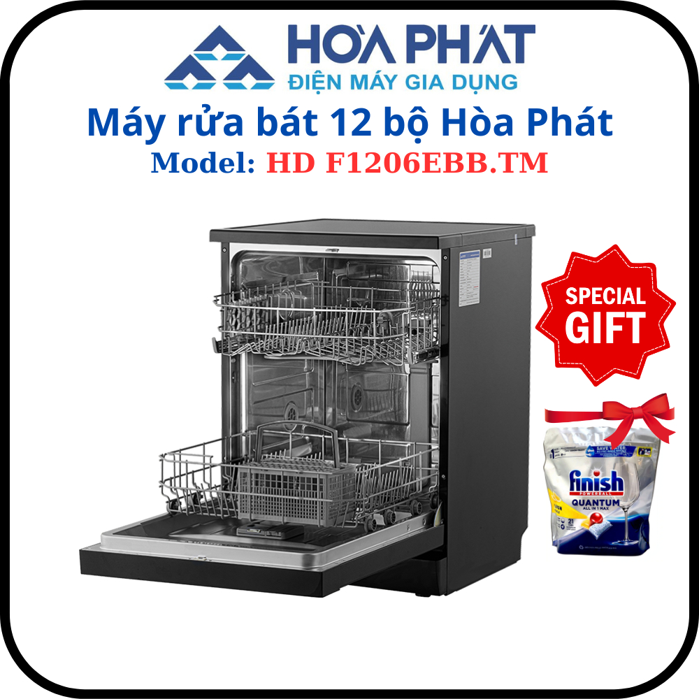 Máy rửa bát Hòa Phát 12 bộ HD F1206EBB.TM - Hàng chính hãng - Tặng kèm viên rửa bát - Bảo hành 3 năm