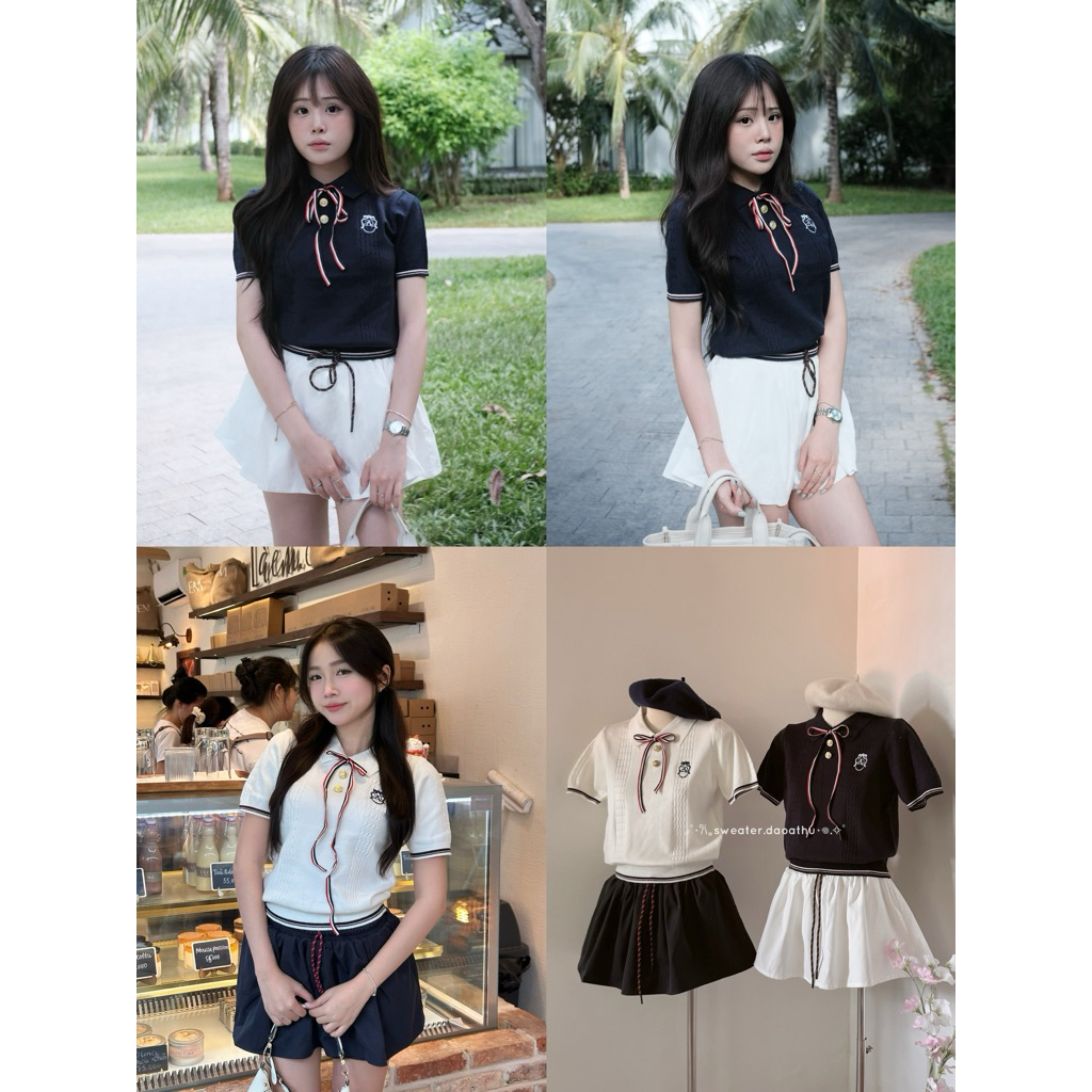 [ ẢNH THẬT ] NENE TOP - ÁO POLO VIỀN NƠ XANH ĐỎ CÚC ĐỒNG SANG CHẢNH ( NƠ THÁO RỜI ) THÊU LOGO SWEATE