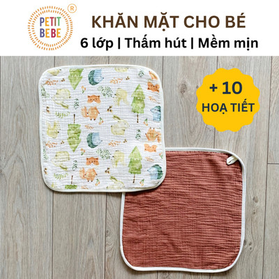 Khăn mặt cho bé đi học kích thước lớn 30x30cm Petit Bebe muslin 6 lớp thấm hút mềm mại cho làn da bé