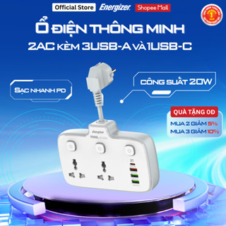 Ổ điện đa năng Energizer 2AC kèm 3USB-A và 1USB-C sạc nhanh PD 20W - Hàng chính hãng, bảo hành 1 năm