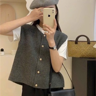  Áo Len Dệt Kim Dáng Ngắn Áo Gile Cổ Tròn Cài Khuy Đồng Chất Len Lông Thỏ Màu Trơn Phong Cách Hàn Quốc Tongkhominhanh 