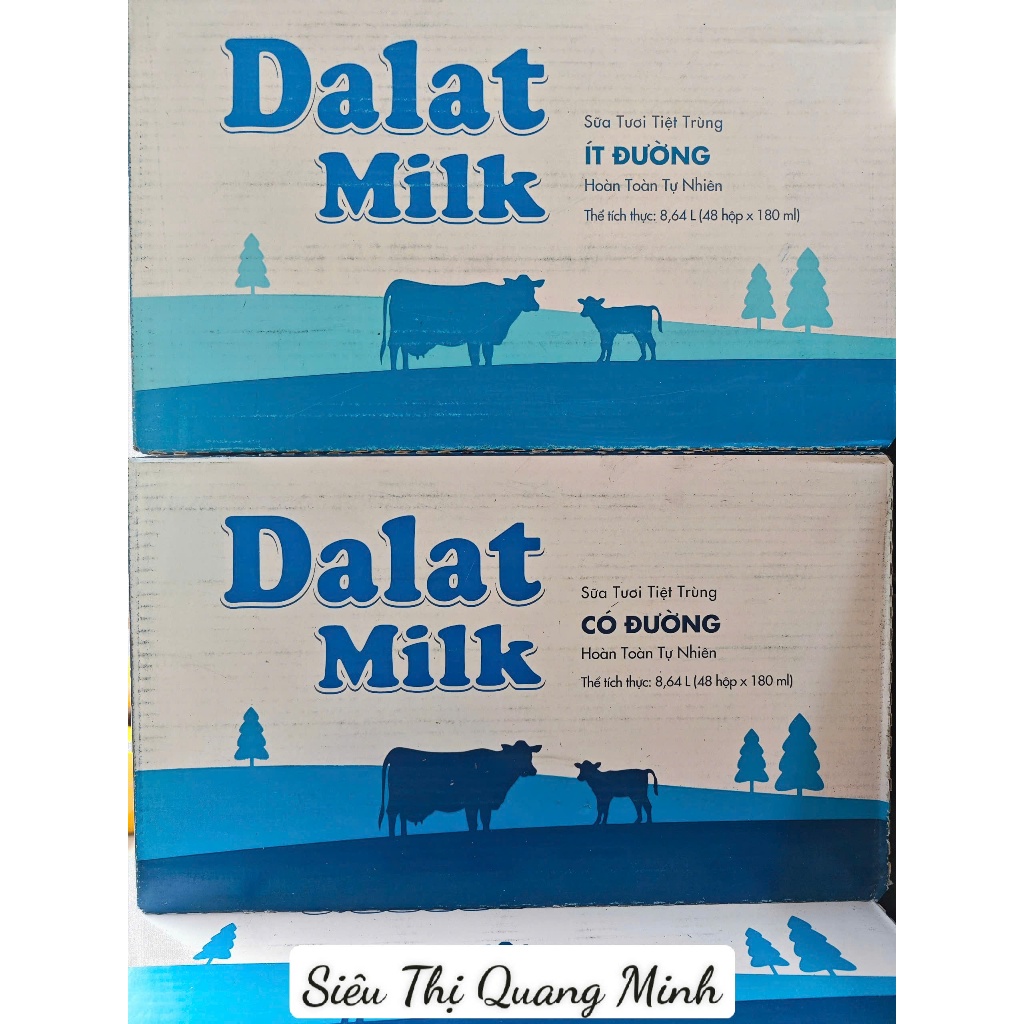 Thùng 48 Hộp x 180ml Sữa Tươi Tiệt Trùng Dalat Milk  Có Đường, Ít Đường