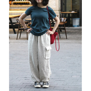 Quần linen túi hộp gấu quần rút dây - be tiêu (chimxanh)