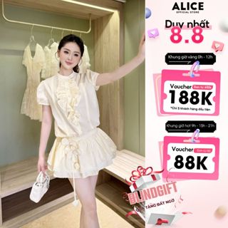Jumpsuit Nữ Cao Cấp Alice Chất Thô Lụa Kèm Dây Hoa Rời, Áo Cổ Tàu Phối Bèo Ngực, Quần Short Thắt Chun Eo S891