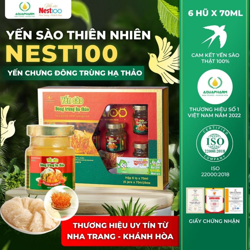 [Hộp 6 Hũ 70ml] Yến Chưng Đông Trùng Hạ Thảo Nest100 - Hỗ Trợ Tốt Cho Phổi, Thận