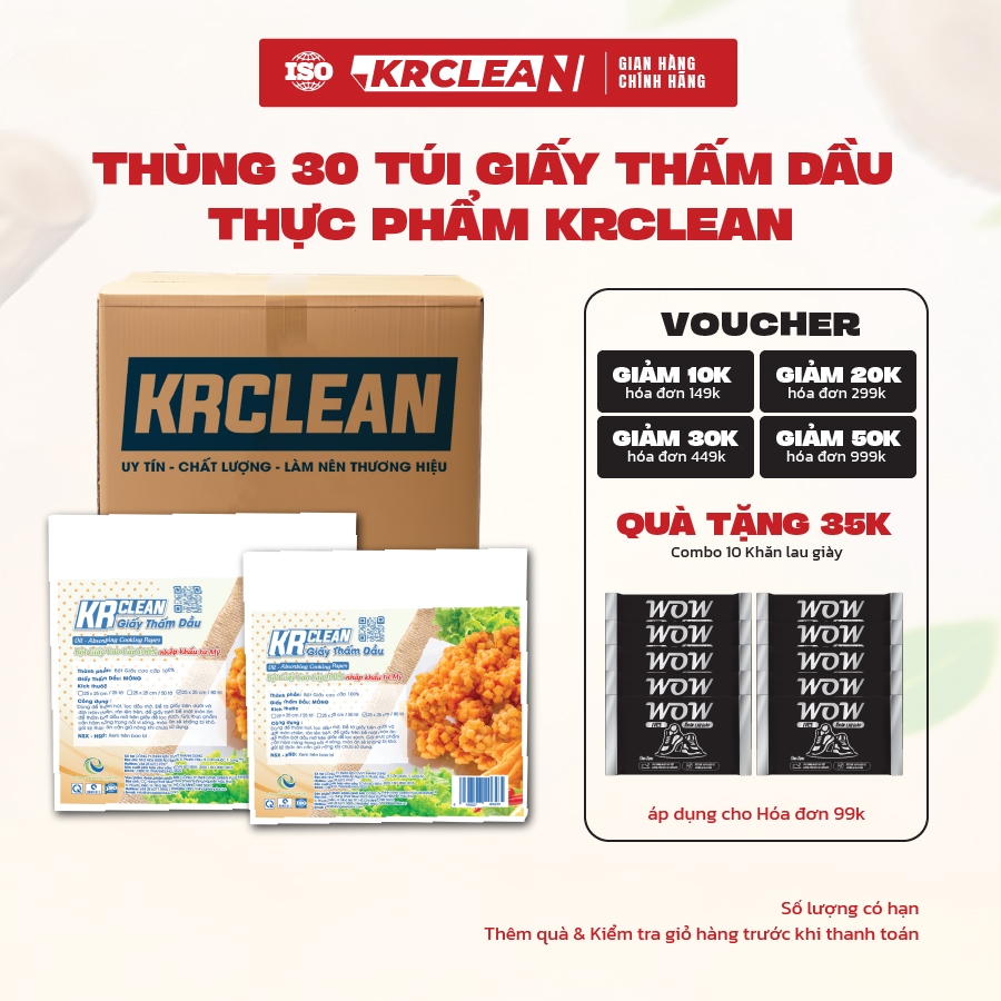 Thùng 30 bịch giấy thấm dầu thực phẩm KRCLEAN 15x20/25x25cm - giấy thấm hút dầu mỡ thức ăn, đồ chiên