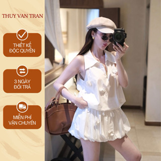 Set áo ba lỗ cổ bẻ khoá đồng bo eo và chân váy bí đính hoa THUYVANTRAN