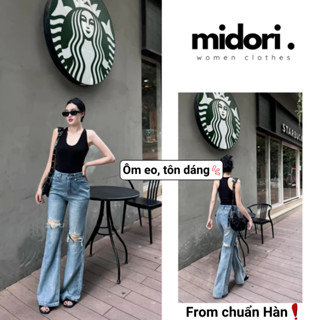 Quần jean nữ ống loe rách gối lưng cao hack dáng from Hàn cá tính Quần jeans đi chơi S084 