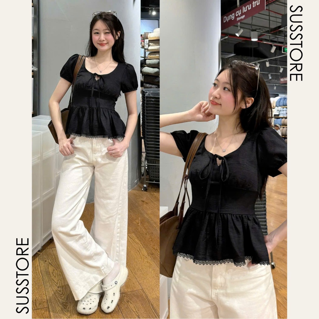 Áo Kiểu Nơ Buộc Bo Eo Tay Bồng Pha Ren A3117 Su Chang Thời Trang Nữ Bigsize | BigBuy360 - bigbuy360.vn