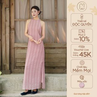 Váy dài nhẹ nhàng đũi dập lông xẻ tà thiết kế truyền thống cách tân CayLeo Design - DD1019