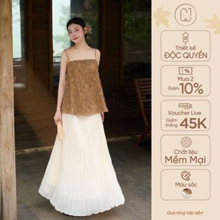 Set váy nữ dáng dài áo 2 dây ren dệt hoa nổi mix chân váy xoè Đan Hạ điệu đà CayLeo Design - AV877