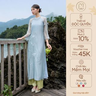 Áo dài cách tân nữ Hồng Hy tơ óng cổ tròn dáng suông lỡ kèm quần CayLeo Design duyên dáng - AD832