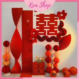 Set trang trí đám cưới, trang trí phòng cưới phong cách truyền thống màu đỏ may mắn - K336