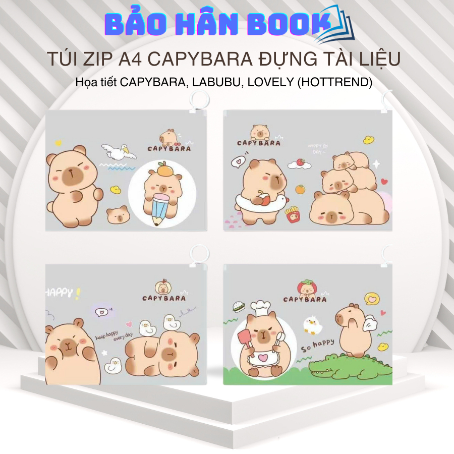 Bìa sơ mi A4, bìa nút,bìa cây, bìa gáy, túi zip A4 hình capybara nhiều mẫu đựng tài liệu trong suốt 