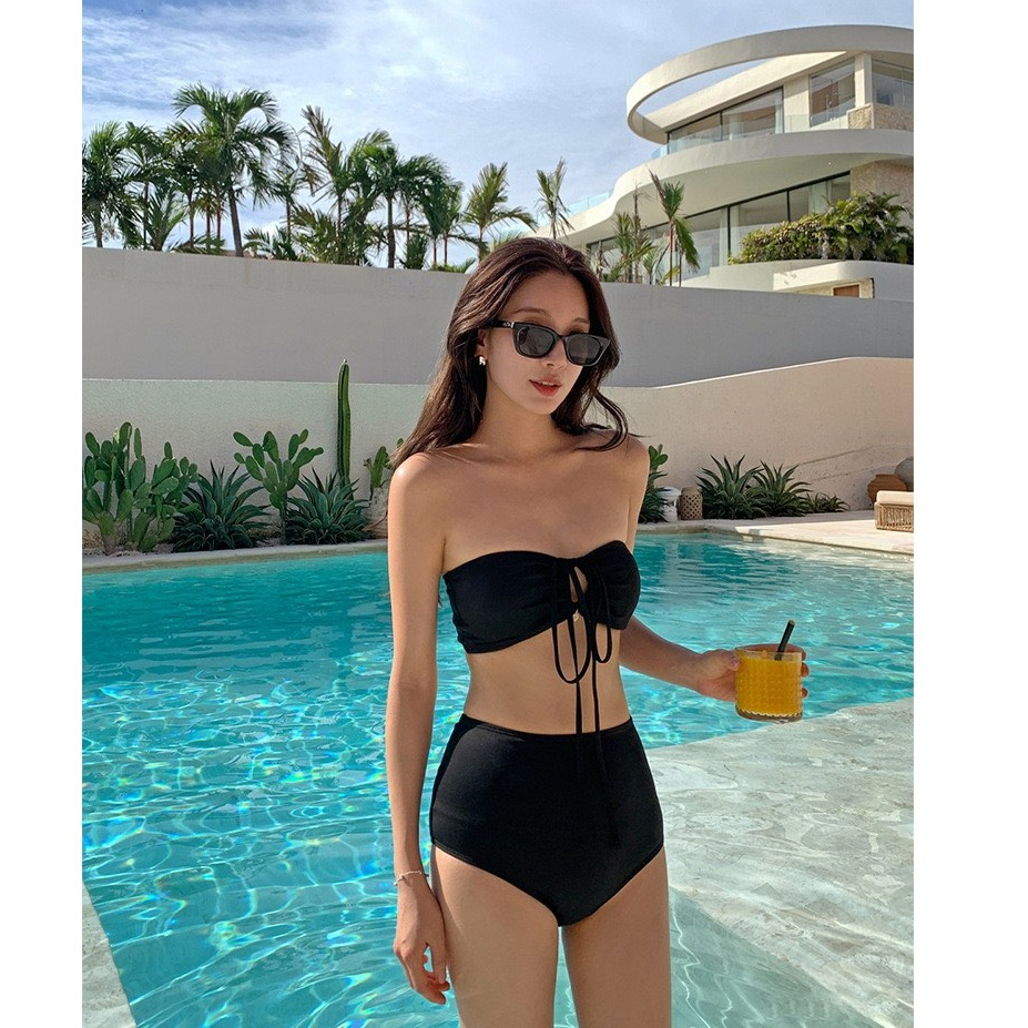 [ĐỒ BƠI NỮ LOẠI ĐẸP] Bikini nữ 2 mảnh màu đen áo quây cột dây mix quần lưng cao đen che bụng kín đáo kèm sẵn mút ngực | BigBuy360 - bigbuy360.vn