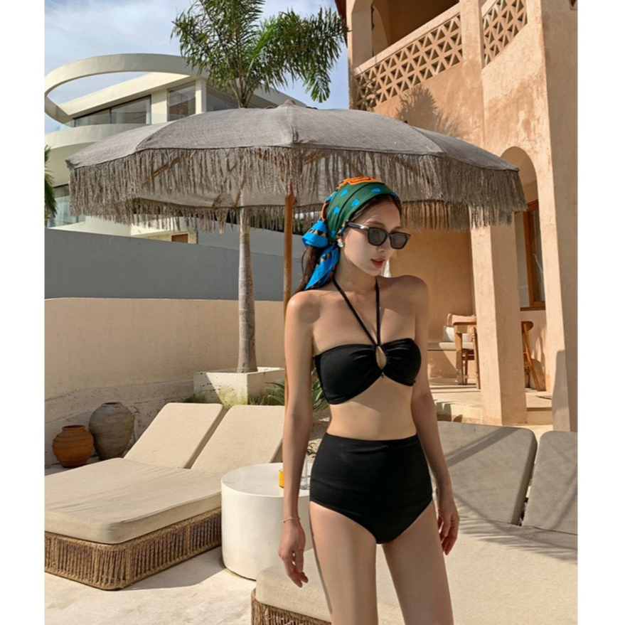 [ĐỒ BƠI NỮ LOẠI ĐẸP] Bikini nữ 2 mảnh màu đen áo quây cột dây mix quần lưng cao đen che bụng kín đáo kèm sẵn mút ngực | BigBuy360 - bigbuy360.vn