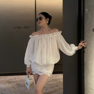  Set đồ nữ sang chảnh tiểu thư áo trễ vai tay bồng dài chun eo phối chân váy ren dáng A ngắn trẻ trung năng động LEVAN 