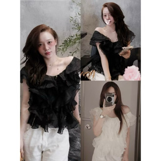  ÁO KIỂU TRỄ VAI VOAN BÈO LƯỢN SÓNG BỒNG BỀNH  ÁO VOAN CÁCH ĐIỆU CỔ V”SUSU TOP” 2 màu kem,đen - DÀNH CHO NỮ 