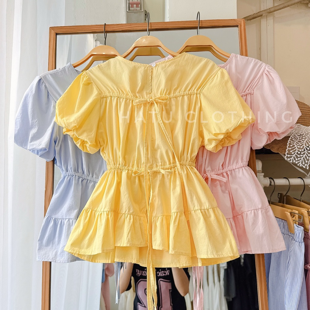 [HÌNH SHOP TỰ CHỤP] - Emi Top - Áo kiểu basic tông màu tươi tắn hồng,xanh,vàng kiểu rút eo tôn dáng