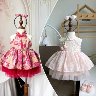 Yếm Váy Công Chúa Khoét Lưng Hồng Thêu Hoa Nổi Tulip Xanh Kèm Bờm Không Giày 3-16 Kg,[Bé Cưng Store]