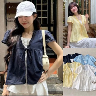  Áo sơ mi nữ A.766 Áo sơ mi phối thân trắng lièn thắt nơ dáng xuông phối viền bèo dễ thương dễ phối đồ - Shop Chấm Bi 