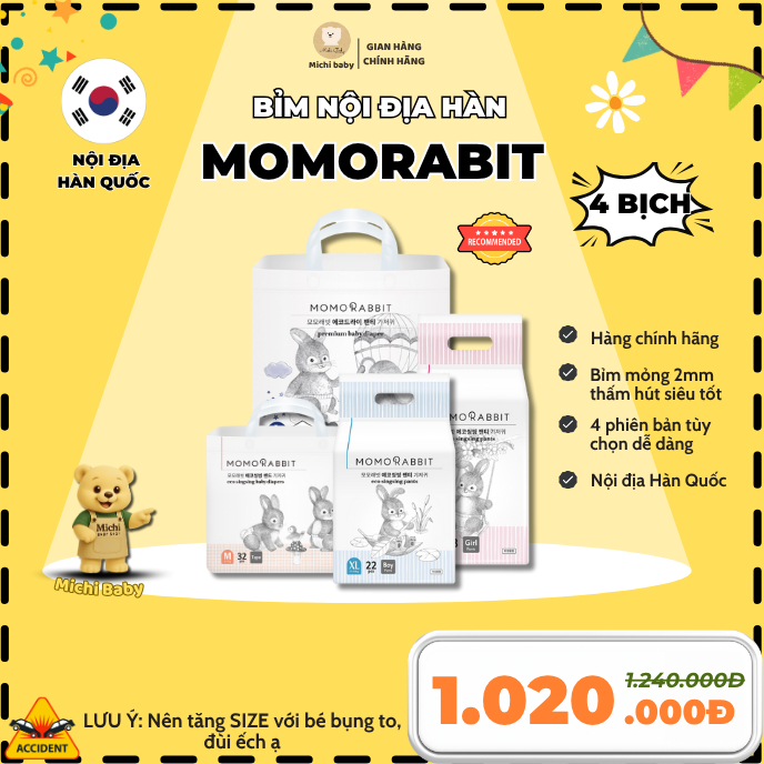 Michibaby- 1 THÙNG 4 BỊCH- Bỉm MOMORABBIT Hàn Siêu Mỏng Thấm Hút Tốt - MC3481