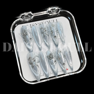  Nail box mắt mèo ánh trăng xanh xám 05 vẽ nơ tráng gương - móng tay giả mắt mèo ánh trăng xanh xám  KHÔNG KÈM HỘP  