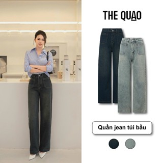 THE QUẠO - Quần Jean Nữ Lưng Cao Ống Suông Rộng Phối Túi Xanh Nhạt Rêu phủ Bụi Vàng Nhẹ S2105_661