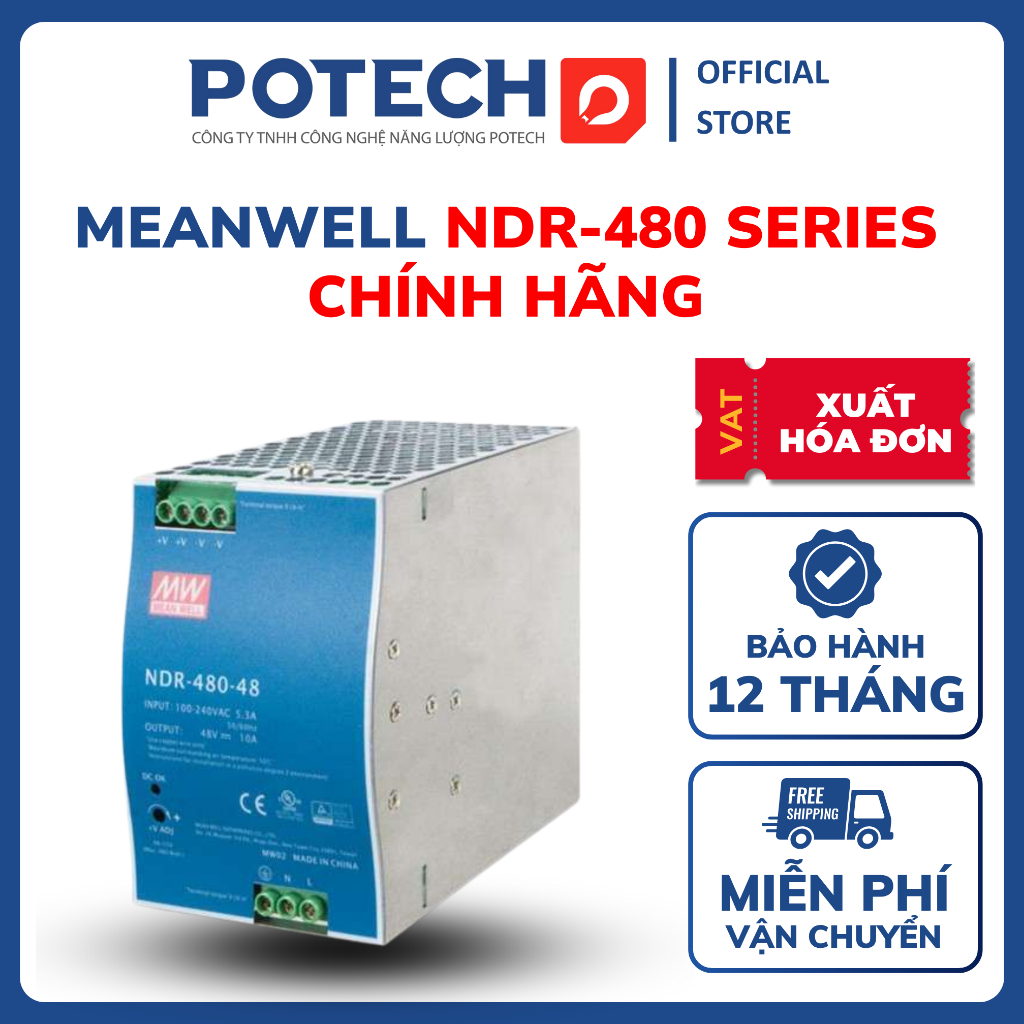 Bộ nguồn Meanwell NDR-480-24, NDR-480-48, nguồn gắn thanh ray 24V 48V 20A 10A