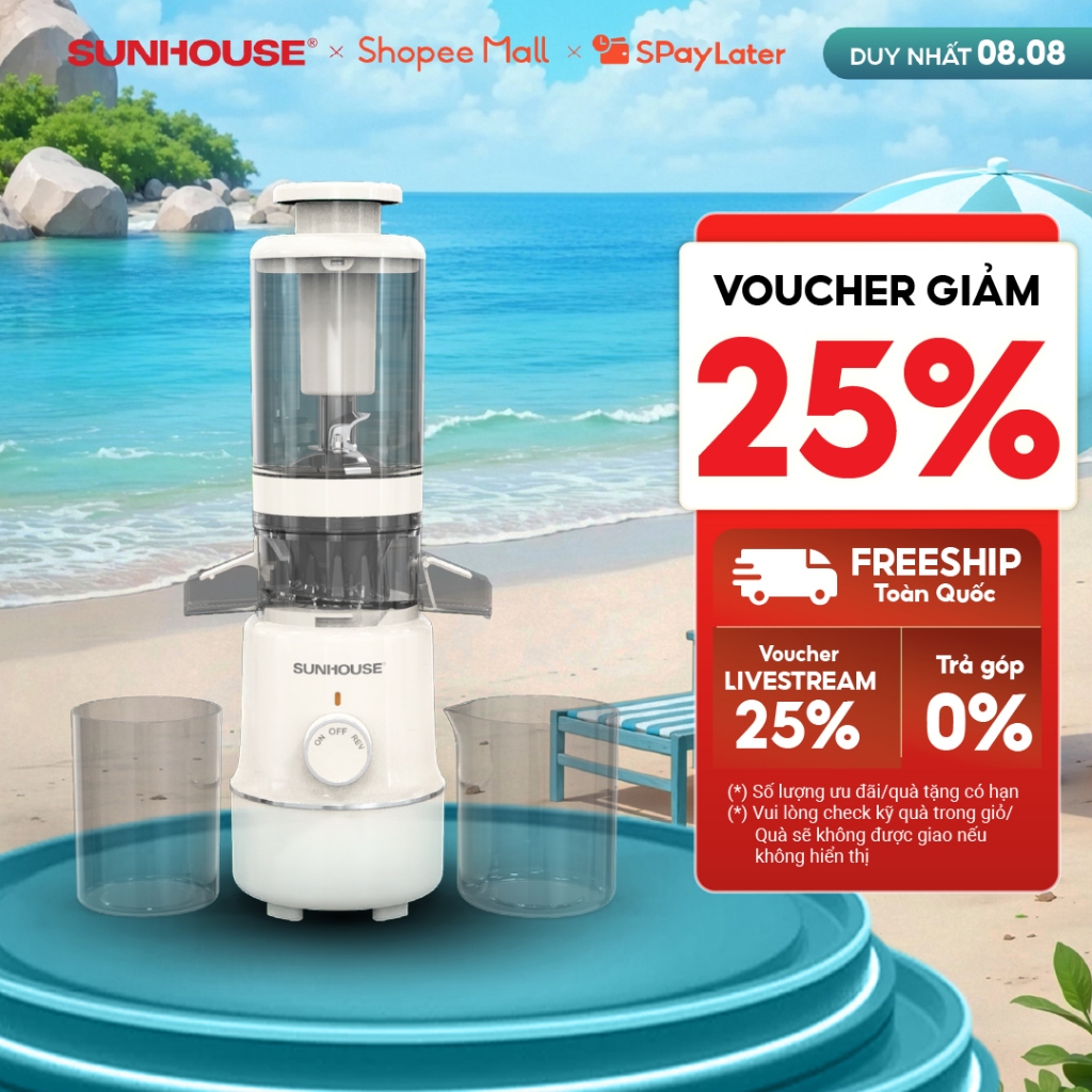 Máy ép chậm Sunhouse SHD5515 - Dung tích 600ml - Làm được kem, lưỡi cắt vượt trội - Ống tiếp nguyên liệu lớn 108mm