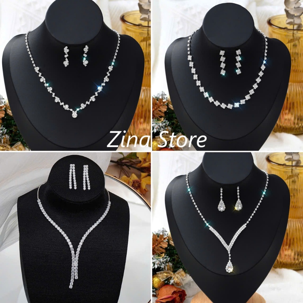 Bộ dây chuyền và hoa tai cao cấp, đính đá toàn bộ phong cách quyến rũ