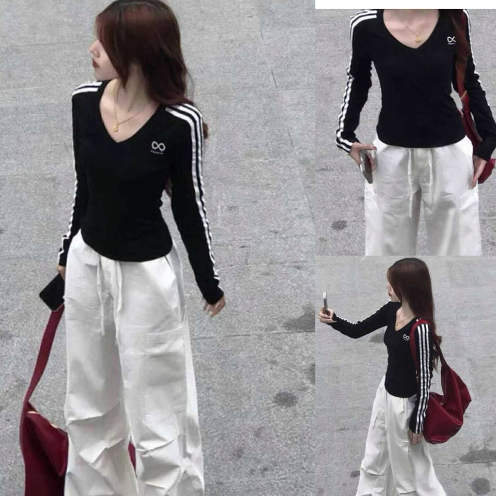 Áo thun dài tay cổ V 3 sọc thể thao, Áo ôm body nữ form croptop tôn dáng chất cotton co giãn phong c